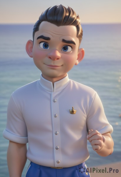 solo,looking at viewer,blush,smile,short hair,blue eyes,brown hair,shirt,black hair,1boy,closed mouth,school uniform,white shirt,upper body,short sleeves,male focus,outdoors,day,belt,pants,water,blurry,buttons,blurry background,ocean,beach,clenched hand,child,backlighting,pocket,horizon,blue pants,male child,sky,sunset