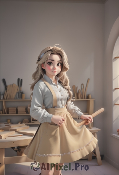 1girl,solo,long hair,breasts,looking at viewer,blush,skirt,brown hair,shirt,hair ornament,long sleeves,brown eyes,closed mouth,standing,white shirt,braid,hairband,socks,collared shirt,indoors,apron,lips,feet out of frame,table,light brown hair,suspenders,hair over shoulder,freckles,brown skirt,wooden floor,skirt hold,paintbrush,smile,holding,medium breasts,food,artist name,dress shirt,buttons,thick eyebrows,nose,suspender skirt,yellow skirt,tongs