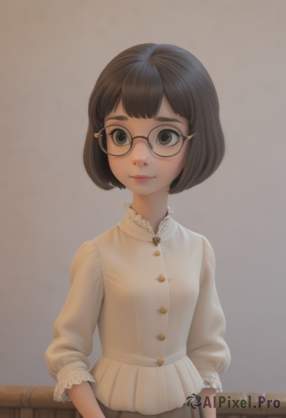 1girl,solo,looking at viewer,smile,short hair,bangs,skirt,brown hair,shirt,hair ornament,long sleeves,brown eyes,closed mouth,standing,white shirt,upper body,frills,glasses,hairclip,artist name,black eyes,lips,eyelashes,buttons,bob cut,thick eyebrows,light smile,blouse,grey skirt,black-framed eyewear,brown skirt,pink lips,nose,round eyewear,sleeves past elbows,simple background,black hair,makeup,red lips