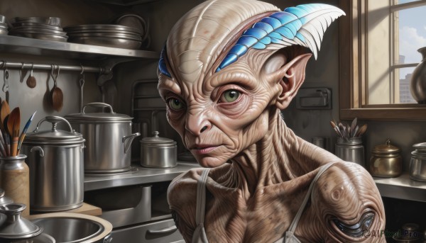 1girl,solo,looking at viewer,green eyes,upper body,pointy ears,indoors,lips,window,science fiction,realistic,breasts,cleavage,closed mouth,white hair,signature,tattoo,colored skin,feathers,monster girl,kitchen,alien,jar