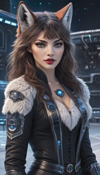 1girl,solo,long hair,breasts,looking at viewer,bangs,brown hair,long sleeves,animal ears,cleavage,brown eyes,jewelry,medium breasts,closed mouth,jacket,yellow eyes,upper body,outdoors,belt,artist name,necklace,mole,blurry,lips,fur trim,fox ears,makeup,night,blurry background,lipstick,gem,pendant,nose,red lips,parted lips,bodysuit,wolf ears,zipper,realistic