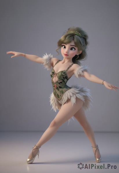 1girl,solo,long hair,breasts,brown hair,black hair,hair ornament,cleavage,bare shoulders,jewelry,standing,full body,ponytail,pantyhose,small breasts,black eyes,high heels,bracelet,leotard,lips,makeup,outstretched arms,tiara,spread arms,dancing,green leotard,ballerina,ballet slippers,ballet,tutu,smile,dress,green eyes,parted lips,nail polish,flat chest,bare legs,feathers