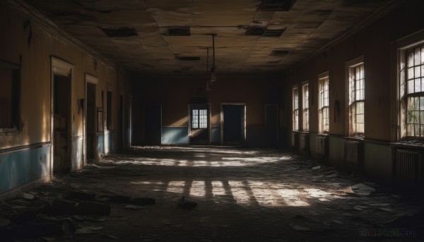 day,indoors,no humans,window,shadow,sunlight,scenery,light rays,door,light,ruins,hallway,plant,wooden floor,wall,sunbeam