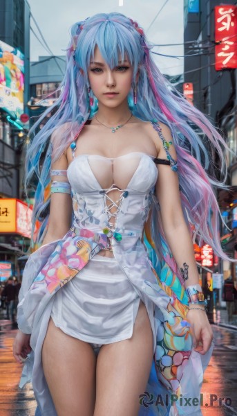 1girl,solo,long hair,breasts,looking at viewer,bangs,skirt,large breasts,dress,cleavage,bare shoulders,brown eyes,jewelry,medium breasts,closed mouth,underwear,blue hair,standing,collarbone,panties,pink hair,braid,thighs,multicolored hair,cowboy shot,earrings,outdoors,necklace,white dress,white panties,bracelet,two-tone hair,lips,strapless,tattoo,thigh gap,building,armlet,side slit,city,realistic,nose,street,blue eyes,hair ornament,navel,sky,day,artist name,miniskirt,see-through,aqua hair,watermark,white skirt,ground vehicle,motor vehicle,beads,arms at sides,car,road,cityscape,neon lights