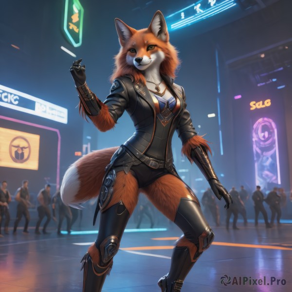 1girl,breasts,looking at viewer,smile,thighhighs,gloves,animal ears,cleavage,jewelry,medium breasts,standing,jacket,tail,yellow eyes,boots,shorts,solo focus,black gloves,belt,artist name,hand up,necklace,black footwear,armor,grin,leotard,black jacket,fox ears,night,fox tail,fox girl,gauntlets,furry,colored sclera,science fiction,furry female,black sclera,knee pads,body fur,mechanical arms,leather,multiple others,cyberpunk,neon lights,people,orange fur,digitigrade,solo,long hair,blue eyes,orange hair,blurry,blurry background,white fur,crowd,leather jacket,holographic interface