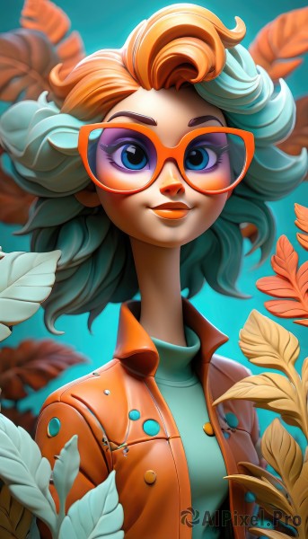 1girl,solo,breasts,looking at viewer,smile,blue eyes,simple background,shirt,closed mouth,blue hair,jacket,upper body,multicolored hair,open clothes,glasses,artist name,medium hair,orange hair,blurry,two-tone hair,open jacket,lips,aqua hair,makeup,leaf,watermark,blue background,sunglasses,plant,lipstick,red lips,tinted eyewear,aqua background,orange jacket,short hair,green hair,eyelashes,depth of field,red-framed eyewear,curly hair,brown jacket,nose,round eyewear,green shirt