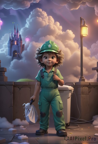 1girl,solo,looking at viewer,smile,short hair,brown hair,shirt,black hair,1boy,hat,holding,brown eyes,standing,full body,short sleeves,outdoors,parted lips,sky,shoes,artist name,cloud,dark skin,bag,black footwear,black eyes,backpack,cloudy sky,building,child,curly hair,green headwear,female child,overalls,male child,lamppost,tower,luigi,cosplay,genderswap,genderswap (mtf),green shirt,balloon,castle