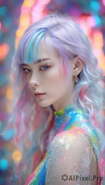 1girl,solo,long hair,looking at viewer,bangs,blue eyes,dress,jewelry,closed mouth,blue hair,upper body,pink hair,white hair,multicolored hair,earrings,parted lips,blunt bangs,blurry,from side,two-tone hair,lips,streaked hair,see-through,looking to the side,grey eyes,eyelashes,makeup,depth of field,blurry background,realistic,nose,artist name,watermark,wavy hair,lipstick,portrait,eyeshadow