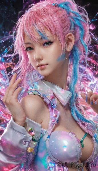 1girl,solo,long hair,breasts,looking at viewer,bangs,hair ornament,long sleeves,cleavage,bare shoulders,jewelry,medium breasts,closed mouth,underwear,green eyes,blue hair,jacket,swimsuit,upper body,ponytail,pink hair,bikini,multicolored hair,detached sleeves,open clothes,shiny,artist name,nail polish,bra,two-tone hair,lips,fingernails,grey eyes,hands up,eyelashes,makeup,web address,eyeshadow,zipper,blue nails,realistic,nose,mascara,braid,sidelocks,earrings,signature,off shoulder,open jacket,streaked hair,gradient hair,watermark,pink nails,long fingernails,pink lips,eyeliner,aqua nails,deviantart username