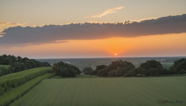 A landscape set against the backdrop of a serene sunset outdoors