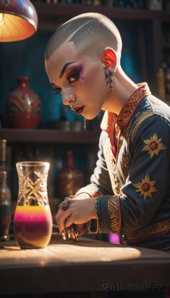 1girl,solo,short hair,long sleeves,1boy,jewelry,sitting,upper body,grey hair,male focus,earrings,indoors,mole,blurry,bracelet,from side,cup,lips,mole under eye,makeup,depth of field,blurry background,table,ring,bottle,lipstick,alcohol,eyeshadow,drinking glass,nose,red lips,eyeliner,bald,very short hair,mascara,multiple rings,bar (place),thumb ring,buzz cut,looking at viewer,brown eyes,parted lips,nail polish,eyelashes,tattoo,facial mark,piercing,realistic,lamp,wine glass,facial tattoo,gold