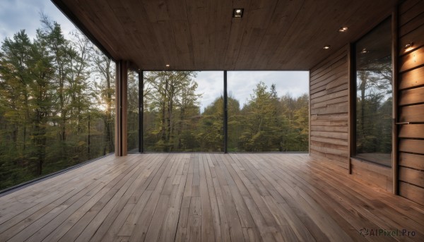 outdoors,sky,day,cloud,indoors,tree,blue sky,no humans,window,sunlight,cloudy sky,nature,scenery,forest,wooden floor,door,architecture,sliding doors,east asian architecture,plant,realistic,bare tree,wooden wall