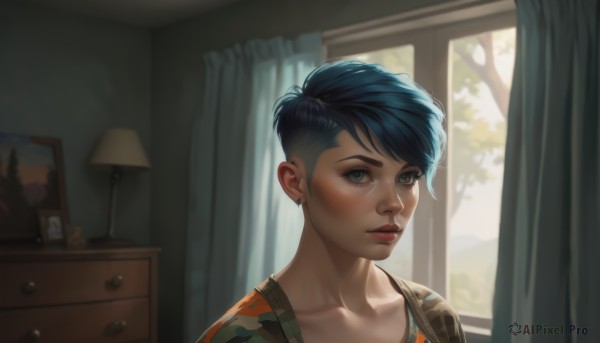 1girl,solo,looking at viewer,short hair,bangs,blue eyes,jewelry,blue hair,collarbone,upper body,earrings,parted lips,teeth,artist name,indoors,tree,lips,window,tattoo,piercing,curtains,portrait,red lips,lamp,undercut,blush,makeup,aged down,freckles,realistic,nose