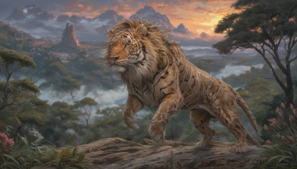 A stunning tiger within a lush sunset outdoors