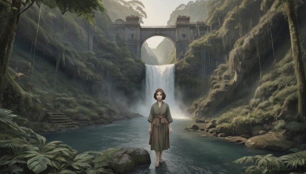 1girl,solo,looking at viewer,short hair,brown hair,black hair,long sleeves,closed mouth,standing,outdoors,japanese clothes,barefoot,day,kimono,water,black eyes,tree,sash,bird,sandals,sunlight,plant,building,nature,scenery,forest,walking,rock,arms at sides,wide shot,bridge,green kimono,river,waterfall,moss,stream,skirt,brown eyes,headband,fantasy