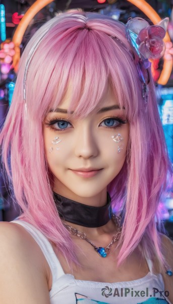 1girl,solo,long hair,looking at viewer,smile,bangs,blue eyes,hair ornament,bare shoulders,jewelry,closed mouth,upper body,pink hair,flower,choker,hair flower,necklace,lips,eyelashes,makeup,black choker,tank top,portrait,eyeshadow,realistic,nose,mascara,sleeveless,headphones,halo,facial mark,pendant,pink lips