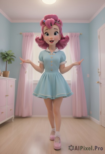 1girl,solo,long hair,looking at viewer,blush,smile,short hair,open mouth,blue eyes,skirt,hair ornament,dress,standing,full body,pink hair,short sleeves,:d,shoes,teeth,socks,hairclip,puffy sleeves,indoors,dark skin,medium hair,black eyes,dark-skinned female,puffy short sleeves,blue skirt,window,buttons,blue dress,upper teeth only,short dress,plant,curtains,white socks,child,personification,curly hair,wooden floor,pink footwear,collared dress,female child,potted plant,aqua dress,hairband,artist name,lips,hands up,makeup,watermark,web address,backlighting,freckles,pink lips