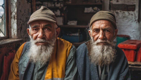 looking at viewer,hat,upper body,white hair,grey hair,male focus,multiple boys,necktie,indoors,signature,2boys,scarf,blurry,blurry background,facial hair,beard,meme,realistic,mustache,beanie,manly,old,old man,grey headwear,wrinkled skin,smile,black eyes,window,scar,parody