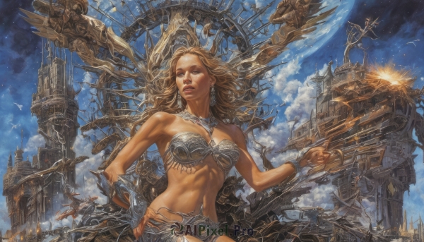 1girl,solo,long hair,breasts,blonde hair,brown hair,navel,cleavage,bare shoulders,brown eyes,jewelry,medium breasts,earrings,sky,midriff,cloud,necklace,armor,bracelet,lips,hand on hip,bird,abs,moon,smoke,science fiction,city,realistic,aircraft,fantasy,bikini armor,planet,spacecraft,airship,day,robot,building,mecha,full moon,toned