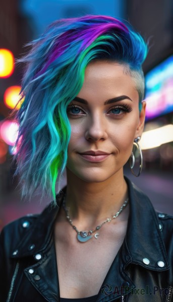 1girl,solo,breasts,looking at viewer,smile,short hair,blue eyes,cleavage,jewelry,closed mouth,blue hair,collarbone,jacket,upper body,purple hair,heart,multicolored hair,earrings,green hair,artist name,necklace,mole,blurry,two-tone hair,lips,streaked hair,black jacket,eyelashes,aqua hair,makeup,depth of field,blurry background,watermark,piercing,lipstick,portrait,web address,eyeshadow,freckles,asymmetrical hair,hoop earrings,realistic,nose,eyeliner,leather,undercut,leather jacket,mascara,denim jacket,night,zipper,bokeh,neon lights