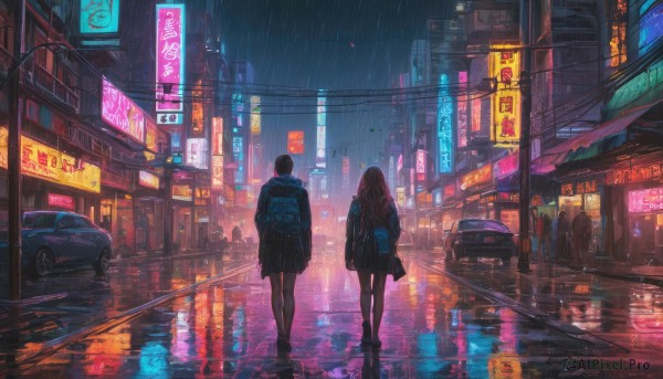 long hair, short hair, multiple girls, skirt, brown hair, black hair, 2girls, standing, jacket, pantyhose, outdoors, shoes, bag, from behind, black footwear, dutch angle, night, backpack, ground vehicle, building, scenery, motor vehicle, reflection, rain, city, sign, facing away, car, road, street, puddle, neon lights, vanishing point