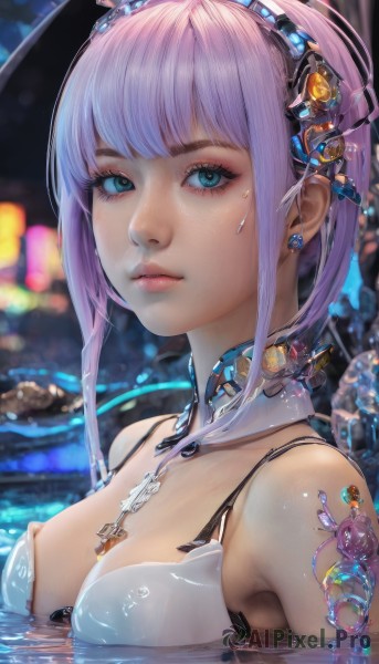 1girl,solo,breasts,looking at viewer,short hair,bangs,blue eyes,cleavage,bare shoulders,jewelry,medium breasts,closed mouth,swimsuit,upper body,pink hair,purple hair,sidelocks,bikini,hairband,blunt bangs,water,blurry,aqua eyes,lips,wet,eyelashes,makeup,detached collar,blurry background,headgear,white bikini,between breasts,partially submerged,science fiction,realistic,nose,android,cable,cyborg,robot joints,cyberpunk,mechanical parts,earrings,artist name,signature,necklace,from side,depth of field,expressionless,light purple hair,water drop