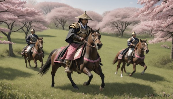 long sleeves,1boy,hat,weapon,male focus,outdoors,multiple boys,day,sword,2boys,armor,tree,animal,helmet,grass,cherry blossoms,shoulder armor,riding,japanese armor,multiple others,horse,ambiguous gender,horseback riding,reins,saddle,holding,flower,japanese clothes,sky,holding weapon,petals,holding sword,sheath,scenery,faceless,6+boys,field,samurai