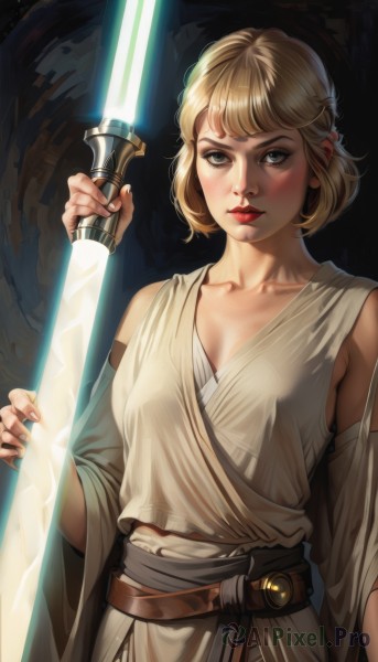 1girl,solo,breasts,looking at viewer,short hair,bangs,blue eyes,blonde hair,holding,cleavage,medium breasts,collarbone,upper body,weapon,detached sleeves,belt,sword,holding weapon,lips,fingernails,grey eyes,makeup,holding sword,robe,realistic,nose,red lips,glowing weapon,energy sword,tunic,lightsaber,blush,dress,closed mouth,white dress,science fiction,brown belt,single bare shoulder