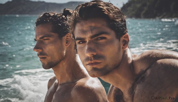 short hair,brown hair,black hair,closed mouth,closed eyes,upper body,male focus,outdoors,multiple boys,dark skin,2boys,water,muscular,facial hair,beach,dark-skinned male,thick eyebrows,muscular male,bara,beard,topless male,realistic,mustache,stubble,manly,chest hair,arm hair,brown eyes,day,looking at another,blurry background,ocean,sunlight,pectorals,couple,portrait,yaoi,sideburns,mature male,waves