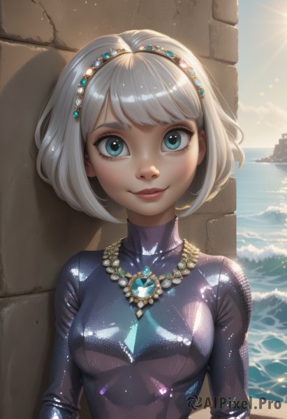 1girl,solo,breasts,looking at viewer,smile,short hair,bangs,blue eyes,long sleeves,jewelry,medium breasts,closed mouth,upper body,white hair,grey hair,hairband,small breasts,outdoors,sky,day,shiny,artist name,cloud,water,necklace,shiny hair,aqua eyes,lips,eyelashes,bodysuit,makeup,shadow,turtleneck,ocean,watermark,beach,sunlight,bob cut,lipstick,gem,skin tight,web address,pendant,freckles,shiny clothes,nose,sun,horizon,black bodysuit,red lips,wall,latex,waves,blue gemstone,mascara,latex bodysuit,blue sky,swept bangs,light smile,light particles,pink lips,eyeliner