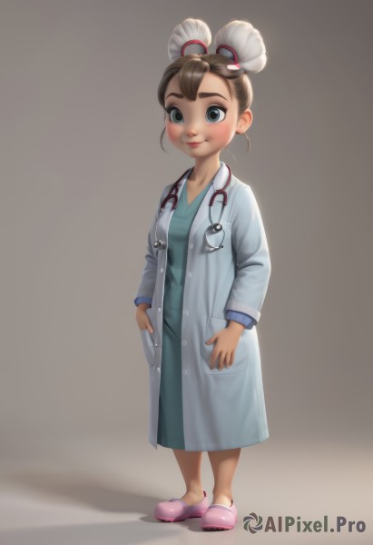 1girl,solo,looking at viewer,smile,short hair,simple background,brown hair,long sleeves,dress,brown eyes,closed mouth,standing,full body,white hair,multicolored hair,hair bun,two-tone hair,lips,double bun,shadow,child,hands in pockets,labcoat,pink footwear,female child,slippers,stethoscope,doctor,blush,blue eyes,hair ornament,shoes,realistic