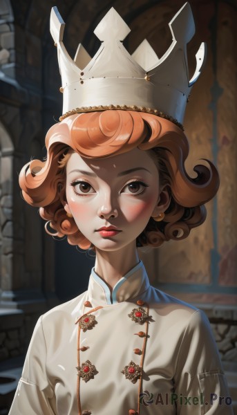 1girl,solo,looking at viewer,blush,short hair,brown hair,hat,dress,brown eyes,jewelry,closed mouth,upper body,earrings,white dress,orange hair,blurry,lips,eyelashes,makeup,blurry background,white headwear,chinese clothes,lipstick,curly hair,red lips,chef,mitre,crown,nose