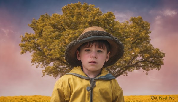 1girl,solo,looking at viewer,short hair,brown hair,black hair,1boy,hat,closed mouth,upper body,male focus,outdoors,sky,cloud,black eyes,tree,zipper,freckles,realistic,straw hat,field,bangs,brown eyes,parted lips,day,blue sky,lips,coat,scenery