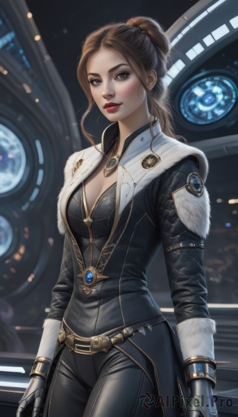 1girl,solo,long hair,breasts,looking at viewer,brown hair,gloves,long sleeves,cleavage,brown eyes,jewelry,medium breasts,standing,ponytail,weapon,cowboy shot,parted lips,belt,pants,indoors,necklace,lips,coat,fur trim,bodysuit,makeup,black pants,lipstick,gauntlets,gem,realistic,red lips,smile,freckles,science fiction