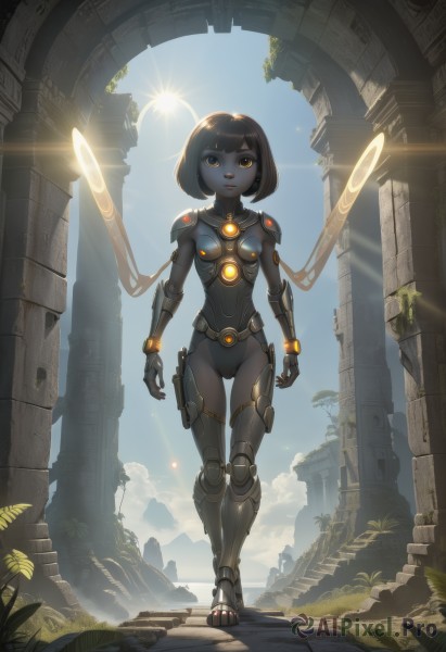 1girl,solo,breasts,looking at viewer,short hair,bangs,black hair,jewelry,standing,full body,yellow eyes,small breasts,outdoors,wings,sky,teeth,day,cloud,dark skin,blunt bangs,nail polish,armor,leotard,dark-skinned female,tree,blue sky,lips,bodysuit,glowing,colored skin,heterochromia,thigh gap,sunlight,bob cut,plant,robot,building,glowing eyes,lens flare,floating,backlighting,walking,science fiction,toenails,light rays,arms at sides,sun,android,black bodysuit,joints,giant,mechanical arms,ruins,grey skin,giantess,cyborg,robot joints,black skin,neon trim,mechanical legs,blue eyes,gloves,brown eyes,parted lips,halo,overgrown