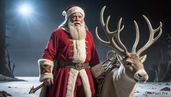 HQ,solo,looking at viewer,gloves,long sleeves,1boy,hat,holding,standing,weapon,white hair,male focus,outdoors,one eye closed,belt,pants,tree,coat,fur trim,night,facial hair,animal,staff,christmas,red headwear,beard,snow,santa hat,brown gloves,santa costume,realistic,mustache,sun,brown belt,antlers,manly,old,red pants,red coat,old man,bare tree,deer,reindeer,open mouth