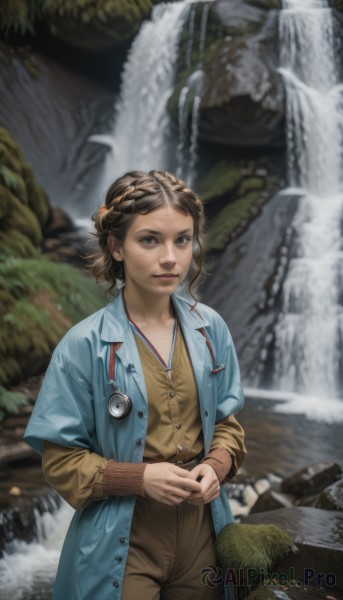 1girl,solo,looking at viewer,smile,short hair,brown hair,shirt,hair ornament,long sleeves,brown eyes,jewelry,closed mouth,standing,jacket,braid,cowboy shot,outdoors,parted lips,pants,water,blurry,lips,coat,buttons,blurry background,bird,own hands together,blue shirt,pocket,watch,rock,realistic,nose,crown braid,brown pants,river,waterfall,stethoscope,open clothes,lanyard