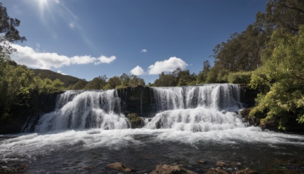 outdoors,sky,day,cloud,water,tree,blue sky,no humans,sunlight,nature,scenery,forest,rock,mountain,sun,river,waterfall,landscape,cliff,light rays