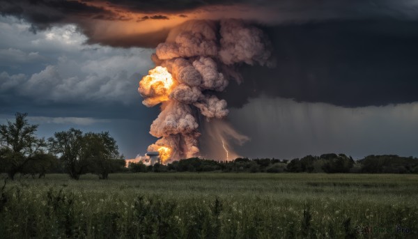 outdoors,sky,day,cloud,tree,no humans,cloudy sky,grass,fire,nature,scenery,forest,smoke,field,explosion,military vehicle