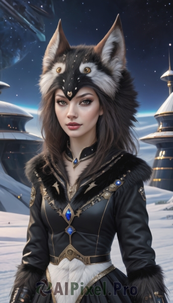 1girl,solo,long hair,breasts,looking at viewer,smile,brown hair,gloves,long sleeves,dress,animal ears,brown eyes,jewelry,outdoors,parted lips,sky,choker,artist name,signature,hood,black dress,lips,fur trim,makeup,lipstick,gem,star (sky),snow,starry sky,realistic,nose,red lips,space,fur-trimmed sleeves,planet,ears through headwear,animal hat,skirt,black hair,medium breasts,upper body,night