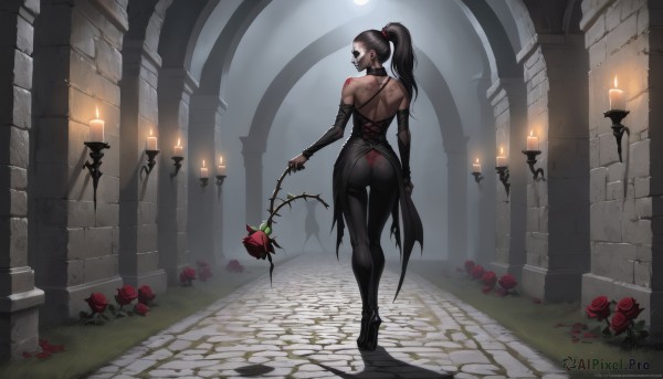 1girl,solo,long hair,breasts,black hair,gloves,dress,holding,bare shoulders,standing,full body,ponytail,ass,flower,detached sleeves,pants,indoors,from behind,black footwear,black dress,high heels,bodysuit,tattoo,mask,rose,back,black pants,red flower,walking,red rose,backless outfit,holding flower,candle,arch,back tattoo,brown hair,jewelry,weapon,pantyhose,petals,makeup,lipstick,nose,red lips,facing away,platform heels