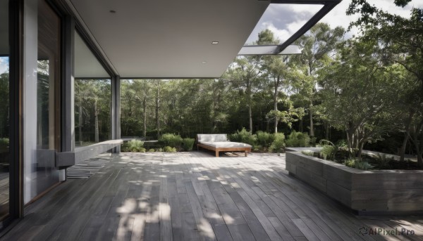 outdoors,sky,day,cloud,indoors,tree,blue sky,no humans,window,shadow,chair,table,sunlight,cloudy sky,plant,nature,scenery,forest,wooden floor,door,bench,bush,shade,grass