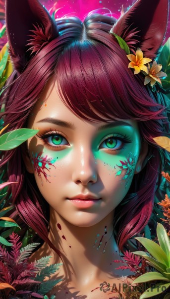 1girl,solo,long hair,looking at viewer,bangs,hair ornament,animal ears,closed mouth,green eyes,collarbone,pink hair,purple hair,flower,red hair,shiny,artist name,hair flower,lips,fox ears,eyelashes,makeup,swept bangs,leaf,watermark,facial mark,plant,lipstick,portrait,web address,eyeshadow,freckles,pink lips,realistic,yellow flower,nose,eyeliner,mascara,paint splatter,blood,close-up,blood on face,multicolored eyes,facepaint,colorful