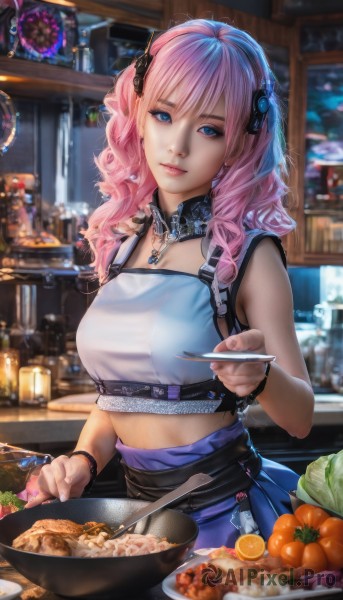 1girl,solo,long hair,breasts,looking at viewer,smile,bangs,blue eyes,skirt,shirt,hair ornament,holding,bare shoulders,jewelry,medium breasts,pink hair,food,sleeveless,midriff,indoors,miniskirt,necklace,nail polish,blurry,bracelet,lips,blue skirt,crop top,fingernails,sleeveless shirt,detached collar,fruit,depth of field,blurry background,wavy hair,wristband,pink nails,plate,bowl,chopsticks,realistic,spoon,fork,noodles,incoming food,pasta,twintails,closed mouth,upper body,hairband,apron,watermark,knife,pendant,carrot,cooking,holding spoon,orange (fruit),kitchen,vegetable,onion