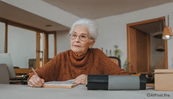 1girl,solo,short hair,blue eyes,long sleeves,1boy,holding,sitting,closed mouth,upper body,white hair,grey hair,male focus,glasses,indoors,blurry,sweater,book,depth of field,blurry background,turtleneck,facial hair,chair,table,desk,paper,open book,turtleneck sweater,realistic,round eyewear,pen,lamp,old,brown sweater,old man,holding pen,writing,old woman,office,desk lamp,wrinkled skin,looking at viewer,parted lips,lips,window,plant,pencil,red sweater,ceiling light