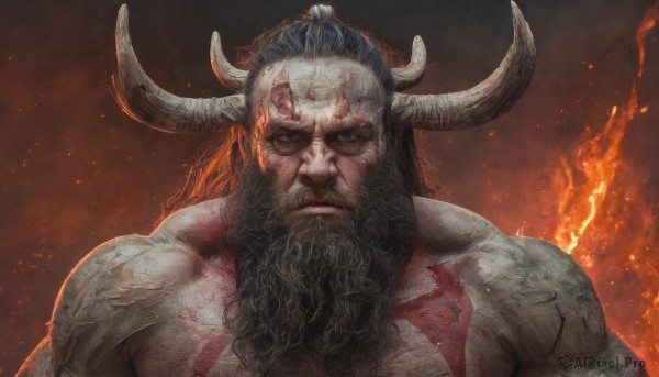 solo,long hair,looking at viewer,black hair,1boy,closed mouth,upper body,male focus,horns,glasses,blood,tattoo,muscular,facial hair,scar,fire,muscular male,portrait,beard,veins,topless male,mature male,realistic,straight-on,embers,broken horn,blue eyes,manly