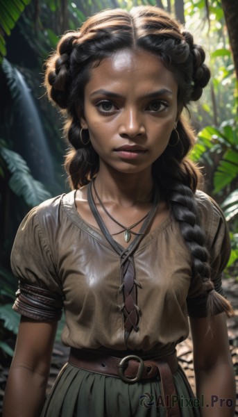 1girl,solo,long hair,breasts,looking at viewer,skirt,brown hair,shirt,black hair,brown eyes,jewelry,closed mouth,collarbone,upper body,braid,short sleeves,earrings,outdoors,day,puffy sleeves,belt,artist name,dark skin,necklace,blurry,black eyes,dark-skinned female,tree,puffy short sleeves,lips,wet,single braid,depth of field,blurry background,plant,green skirt,nature,hair over shoulder,forehead,forest,freckles,curly hair,hoop earrings,realistic,nose,arms at sides,brown shirt,tribal,small breasts,leaf,sunlight,blouse,backlighting,brown belt,facepaint,dappled sunlight