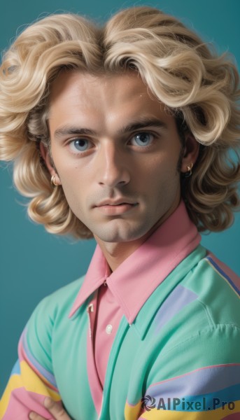 solo,looking at viewer,blue eyes,blonde hair,simple background,shirt,1boy,jewelry,closed mouth,upper body,male focus,earrings,collared shirt,signature,lips,buttons,facial hair,blue background,crossed arms,beard,freckles,curly hair,pink shirt,realistic,nose,stud earrings,aqua background,jacket,artist name,green shirt