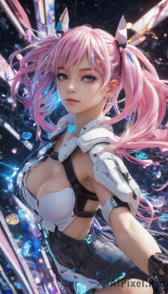 1girl,solo,long hair,breasts,looking at viewer,smile,bangs,blue eyes,large breasts,hair ornament,gloves,cleavage,twintails,medium breasts,closed mouth,pink hair,cowboy shot,parted lips,black gloves,hairclip,armor,blurry,leotard,lips,clothing cutout,cleavage cutout,shoulder armor,science fiction,nose,from side,looking to the side,eyelashes,headgear,freckles,realistic,mechanical wings