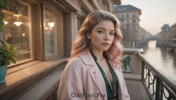 1girl,solo,long hair,breasts,looking at viewer,blue eyes,blonde hair,brown hair,shirt,cleavage,jewelry,closed mouth,upper body,multicolored hair,earrings,small breasts,outdoors,open clothes,day,indoors,necklace,blurry,lips,coat,grey eyes,window,depth of field,blurry background,wavy hair,plant,building,realistic,nose,green shirt,labcoat,railing,white coat,potted plant,artist name,eyelashes,sunlight,stairs,city